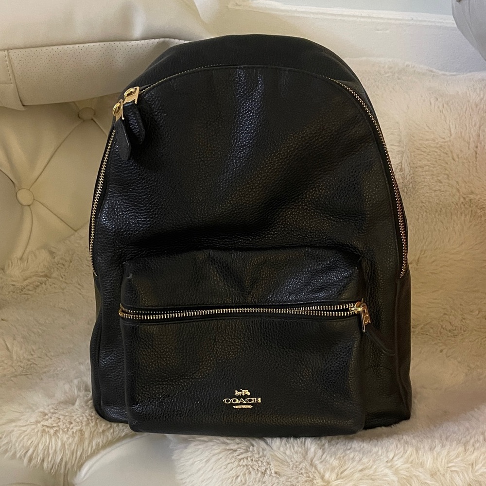 Coach Black Leather Backpack with Gold Accents